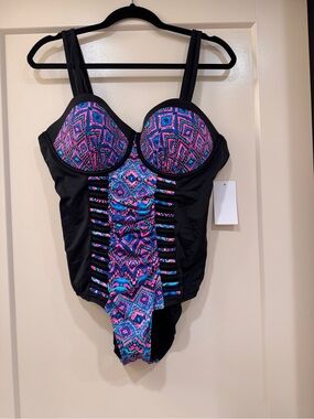 Swimsuits For All Black One-Piece with Pink, Blue & Purple Tribal Panel